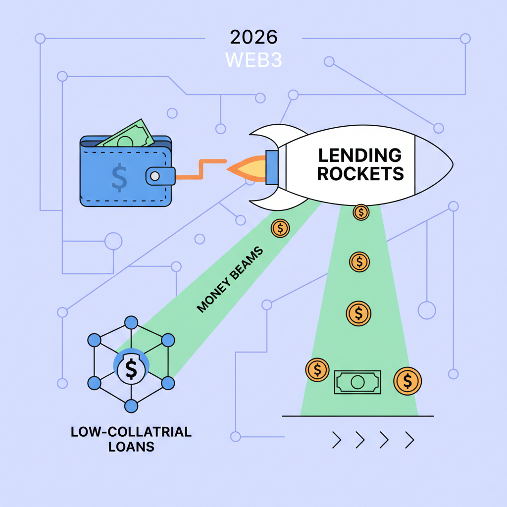 Wallet plugging into lending rockets, money beams and low-collateral loans flowing, futuristic 2026 Web3 scene