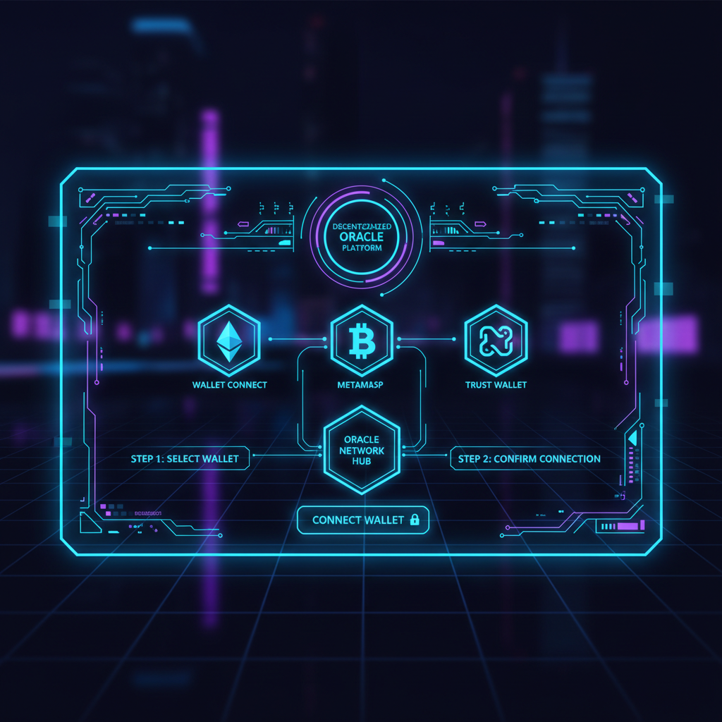 sleek futuristic wallet connection interface on decentralized oracle platform, neon blue hues, cyberpunk dashboard