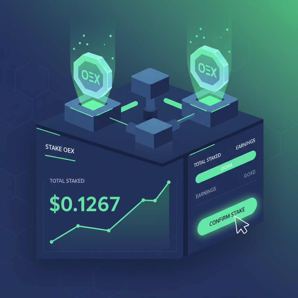 glowing OEX tokens being staked on blockchain interface, price chart showing $0.1267, vibrant green accents