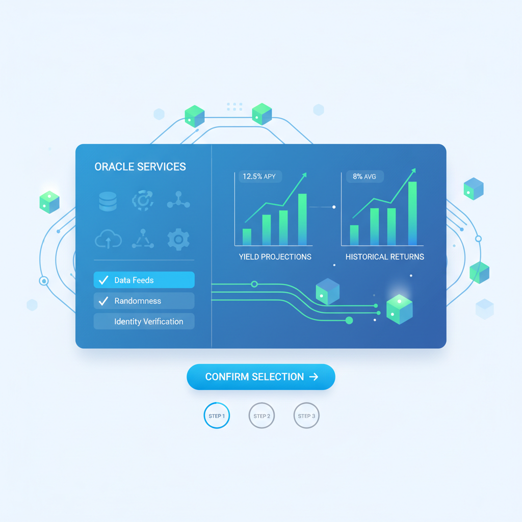 dashboard selecting oracle services with yield charts, futuristic blockchain nodes connecting data
