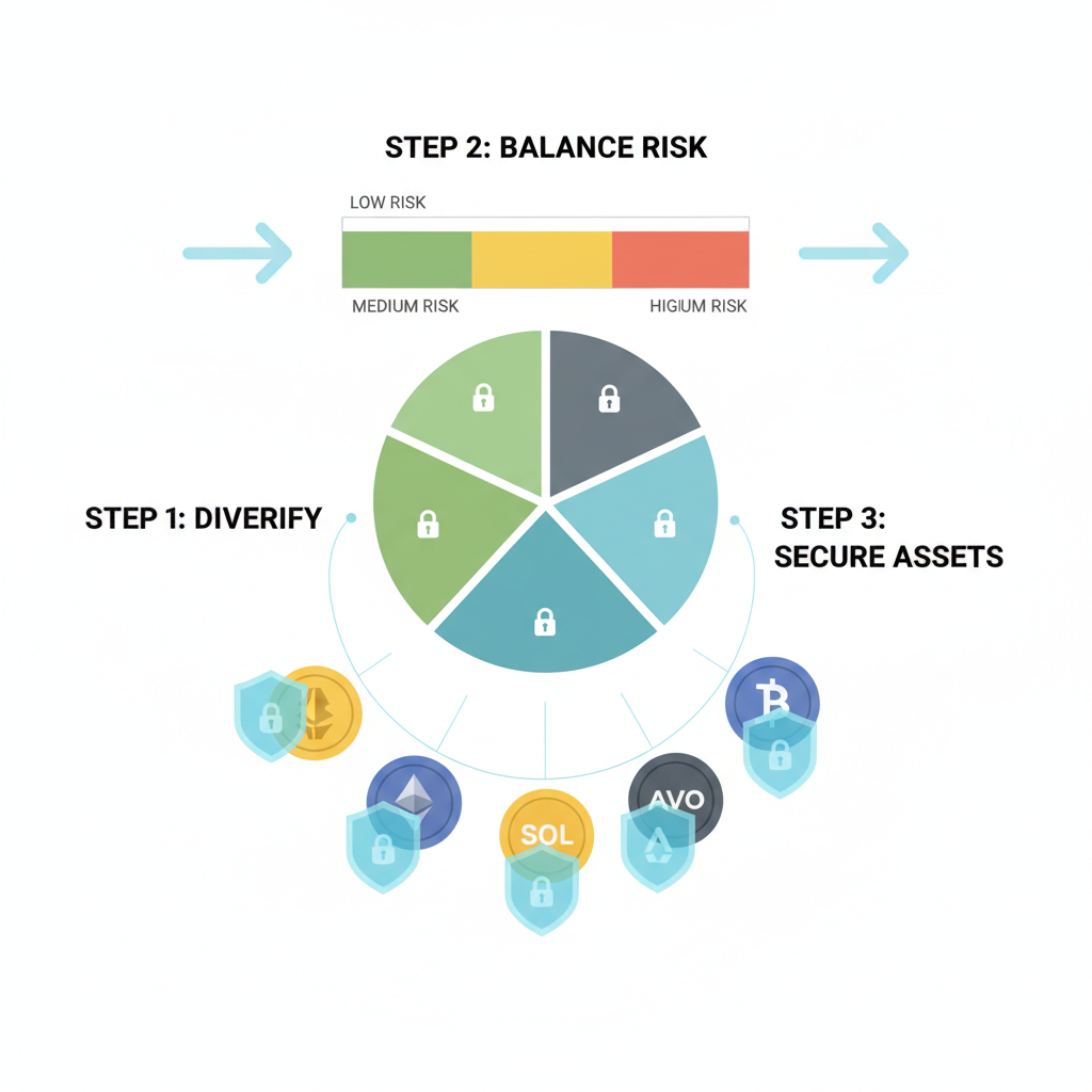 diversified restaking portfolio visualization, balanced risk charts, protective shields over tokens