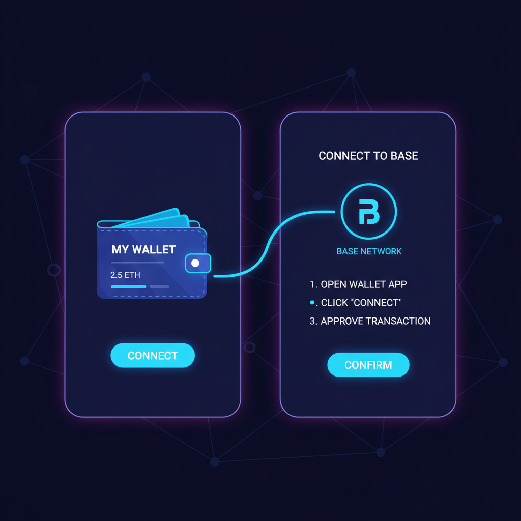 sleek crypto wallet interface connecting to Base network, neon blue glow, futuristic UI