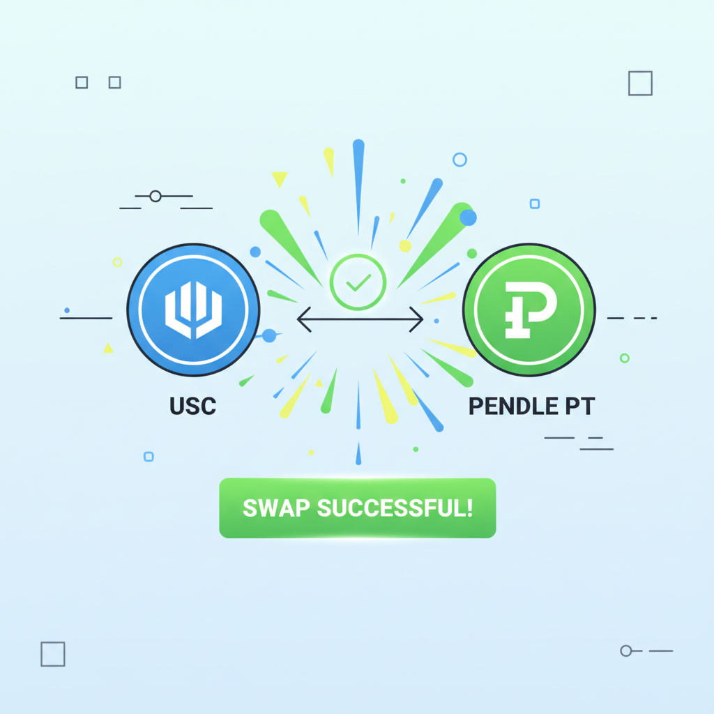 swap interface exchanging USDC for Pendle PT tokens, success animation, explosive effects