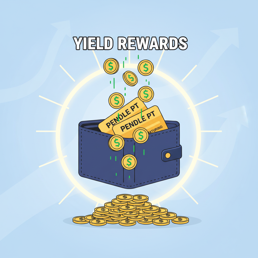 wallet holding Pendle PT tokens maturing, coins raining yield rewards, triumphant glow