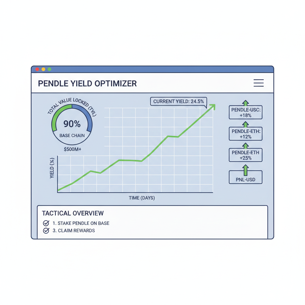 DeFi portfolio dashboard tracking Pendle yields on Base, charts rising, tactical overview