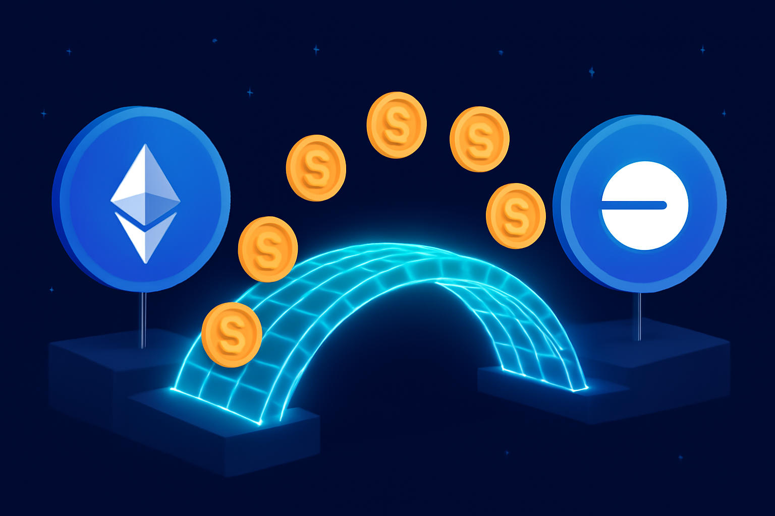 A digital bridge connecting two blockchain icons, with Ethereum on one side and Base on the other, coins moving across the bridge, futuristic style