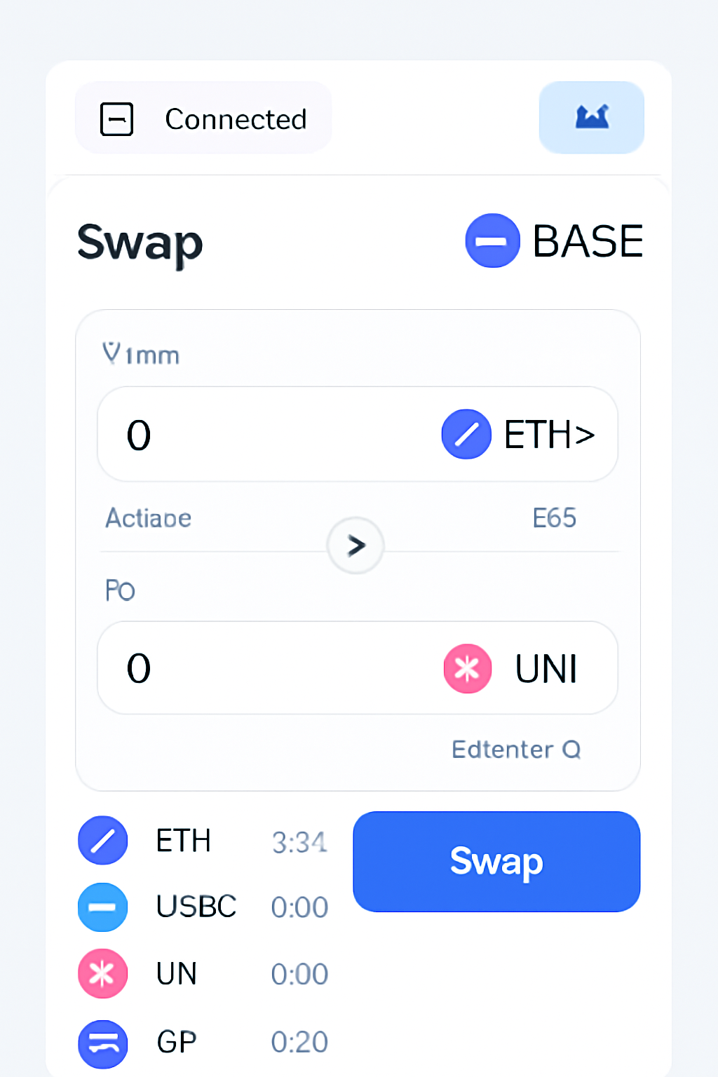 A user interface of a DeFi app (like Uniswap) with a connected wallet, showing tokens and swap options, Base network logo visible, modern UI