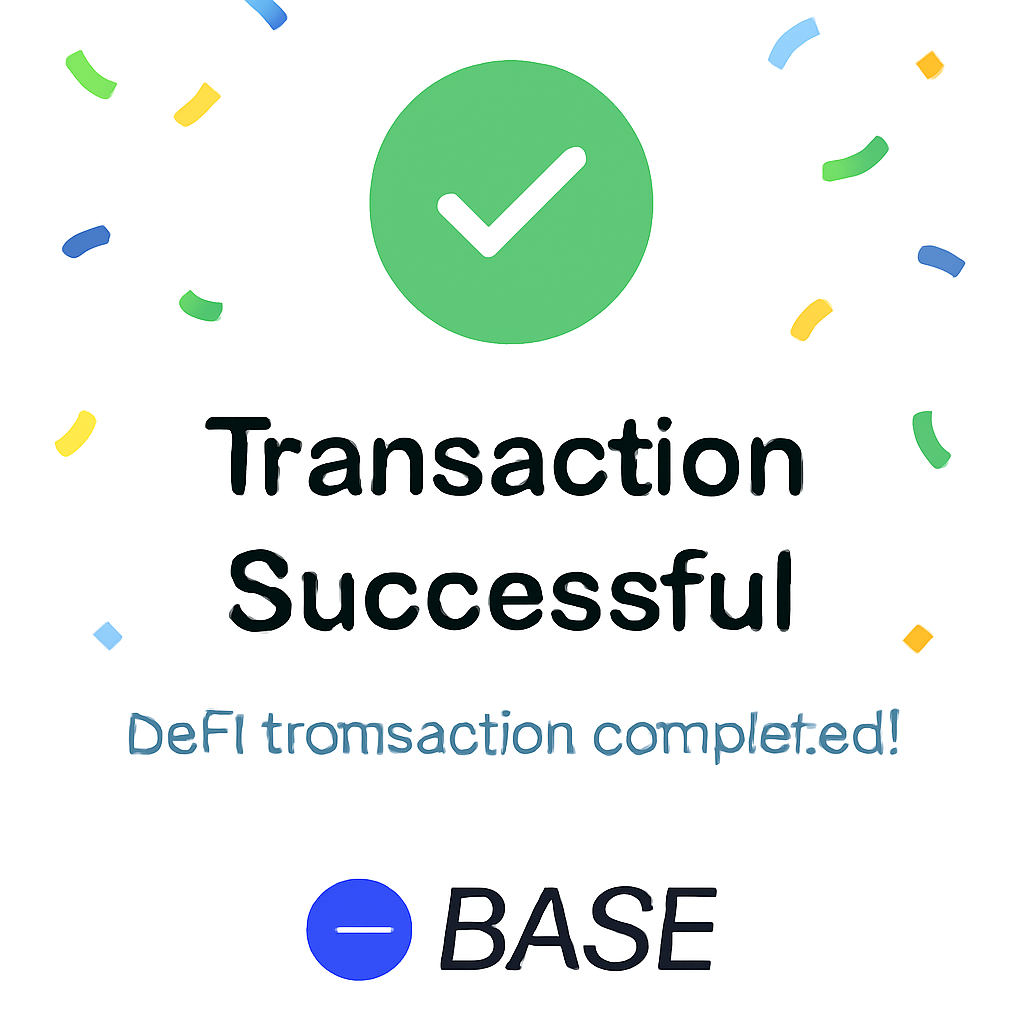 A digital confirmation screen showing a successful DeFi transaction, with confetti and Base network branding, clean and celebratory