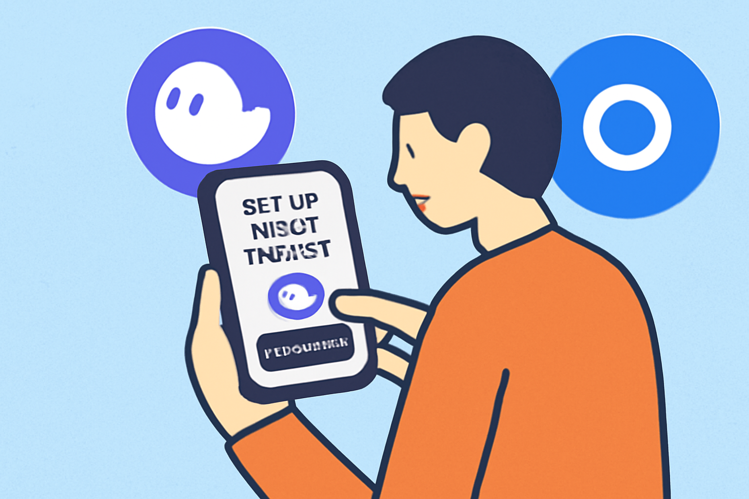 A person setting up a crypto wallet on their phone, with the Phantom wallet logo and Base blockchain symbols in the background, digital art