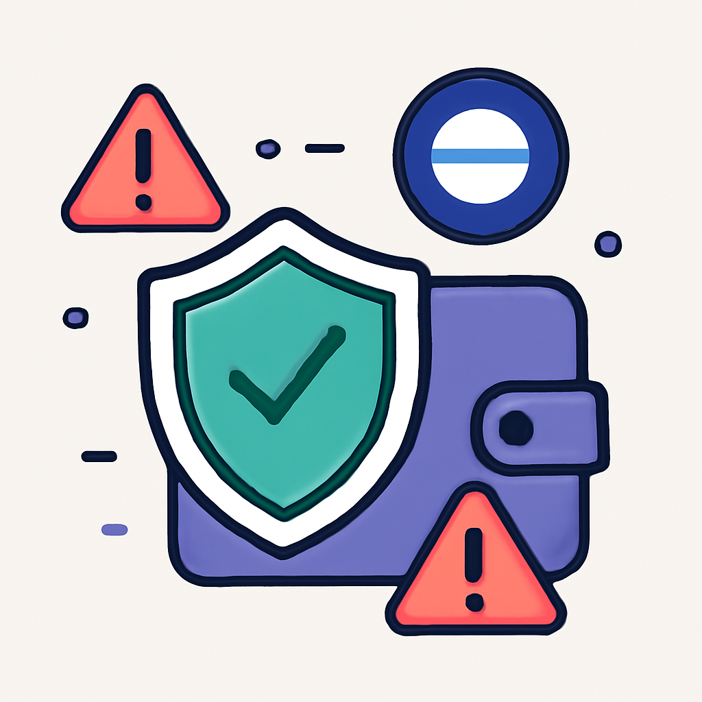 A shield over a digital wallet, with warning icons and Base symbols, representing security in DeFi, flat vector style