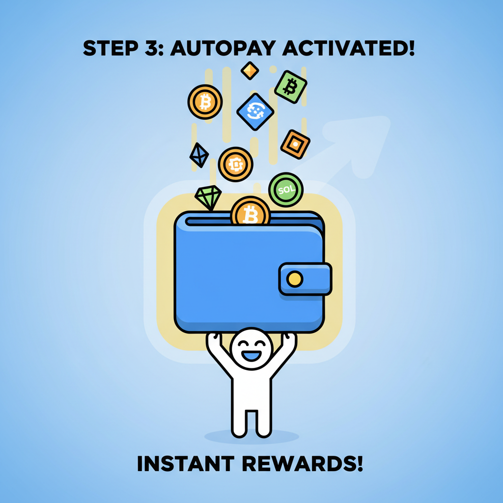 crypto tokens auto-paying into glowing wallet, money rain effect, victory pose