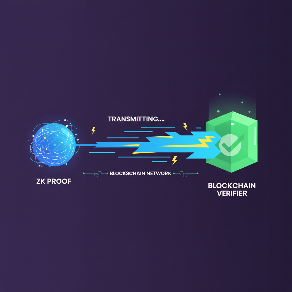 zk proof transmitted to blockchain verifier, lightning speed data stream, sci-fi