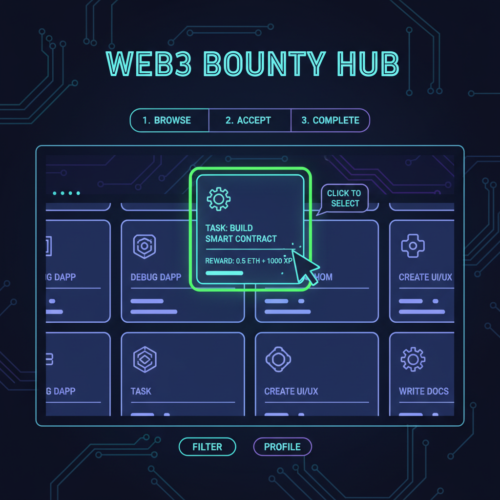 web3 bounty platform dashboard, neon cyberpunk style, task selection screen