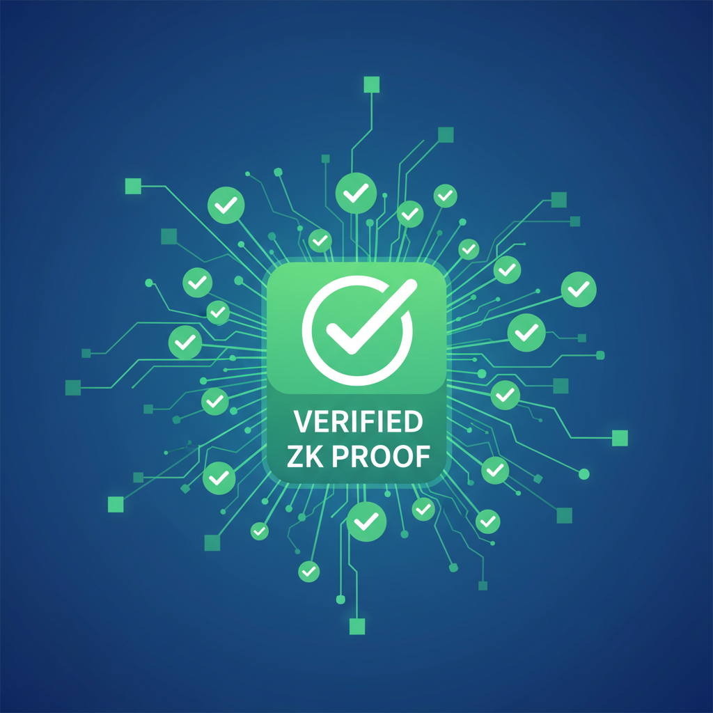 green verified zk proof on blockchain, checkmark explosion, triumphant digital