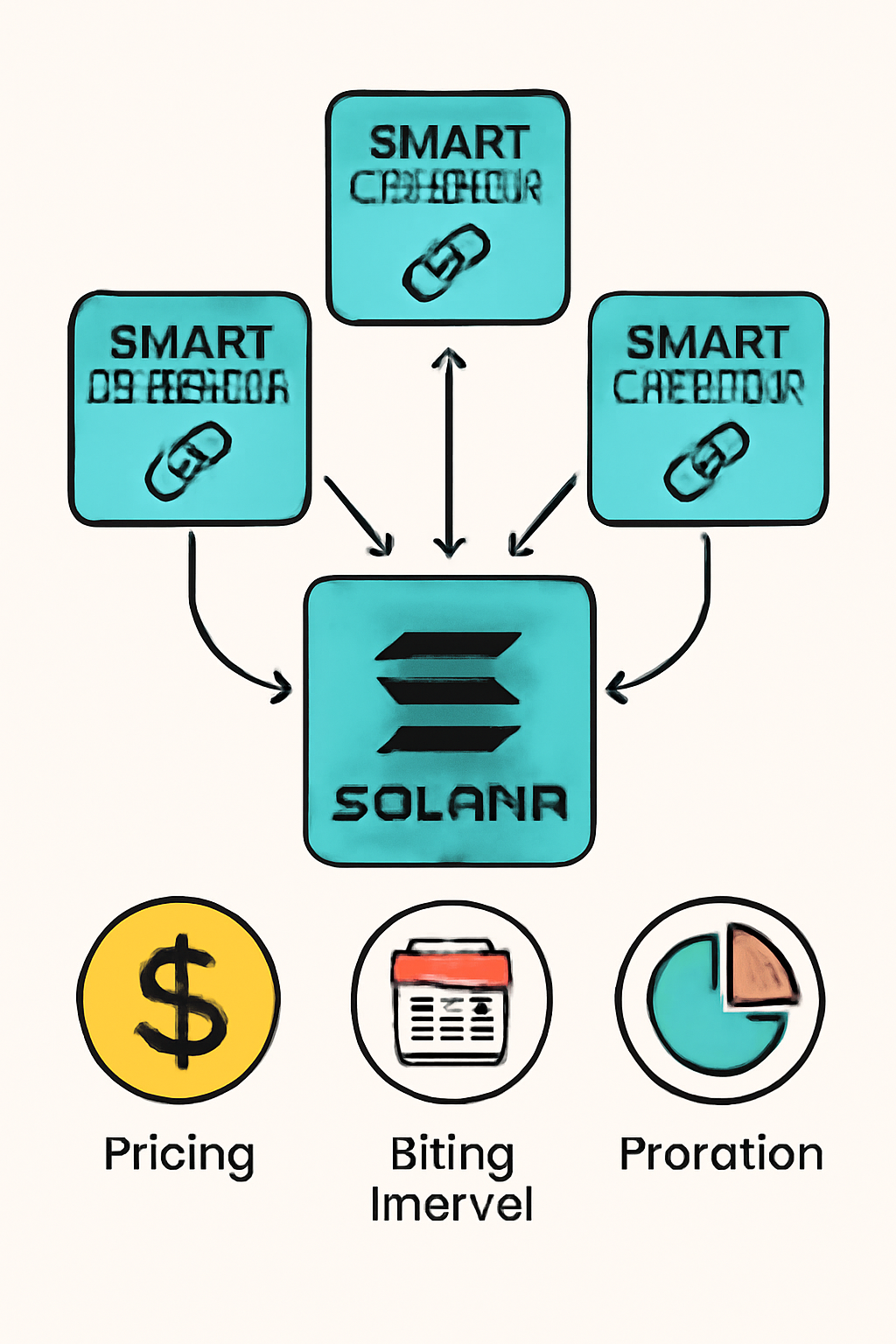 A digital diagram showing interconnected smart contracts on Solana blockchain with icons for pricing, billing intervals, and proration.