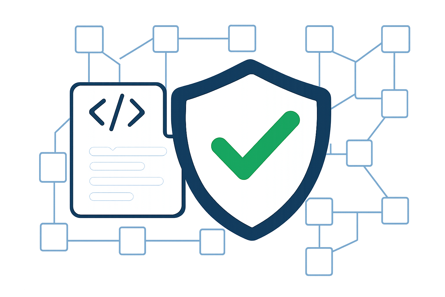A shield with a checkmark, code snippets, and a blockchain background representing security and compliance audits.