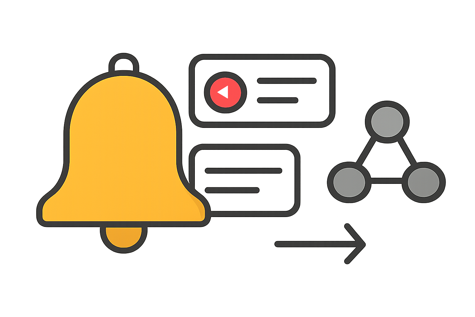 A bell icon with digital notification pop-ups and a webhook connection symbol.