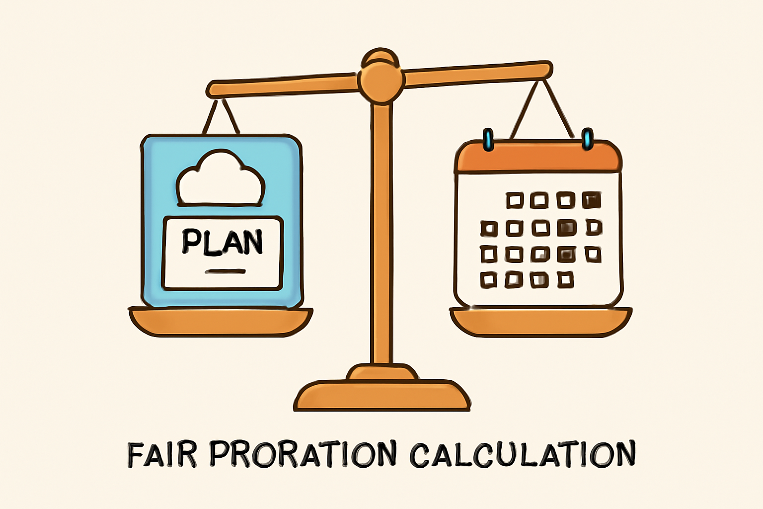 A balance scale with subscription plan icons and a calendar, representing fair proration calculation.