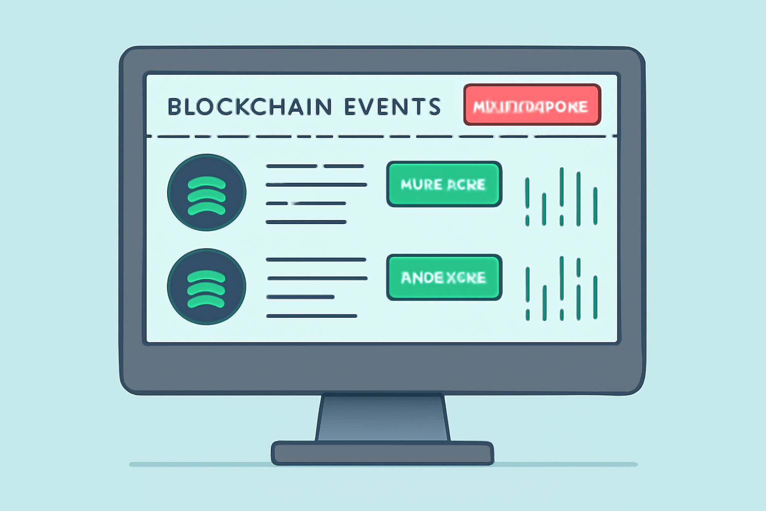 A computer screen displaying real-time blockchain events and notifications, with Solana logos and data streams.