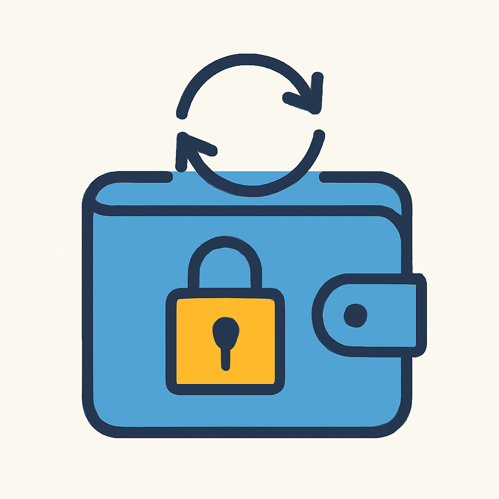 A secure digital wallet with recurring payment arrows and a lock, symbolizing automated and controlled payments.