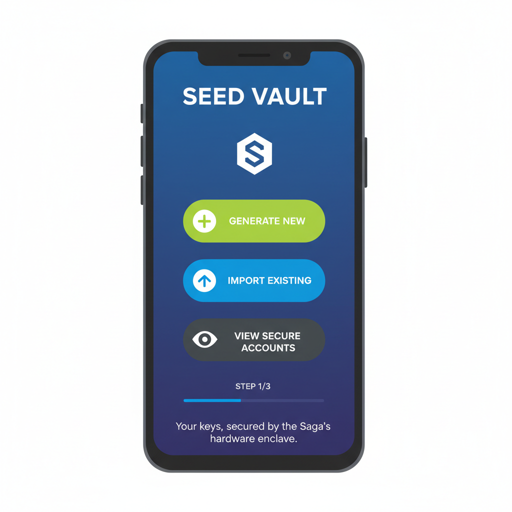 Solana Saga phone screen showing Seed Vault wallet app open, futuristic mobile crypto interface