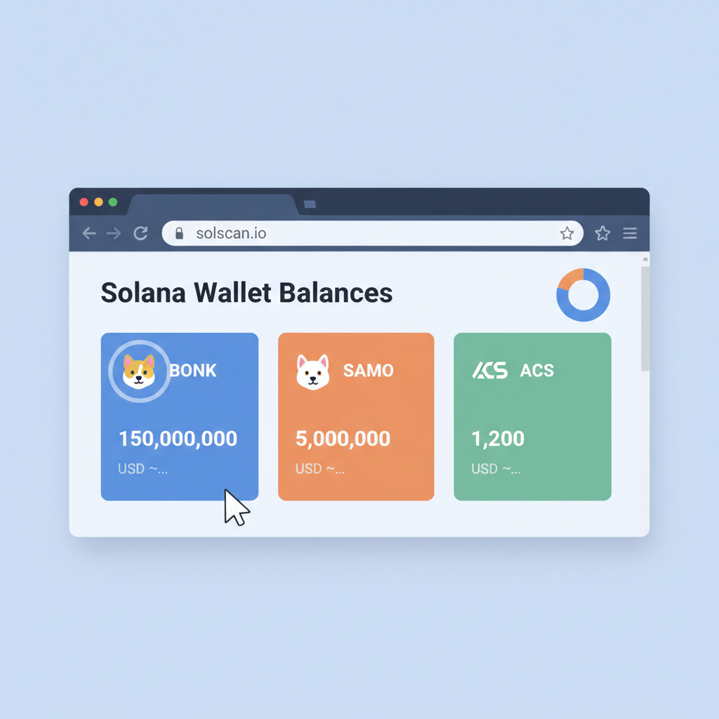 Browser dashboard on Solscan showing Solana wallet balances with BONK SAMO ACS tokens
