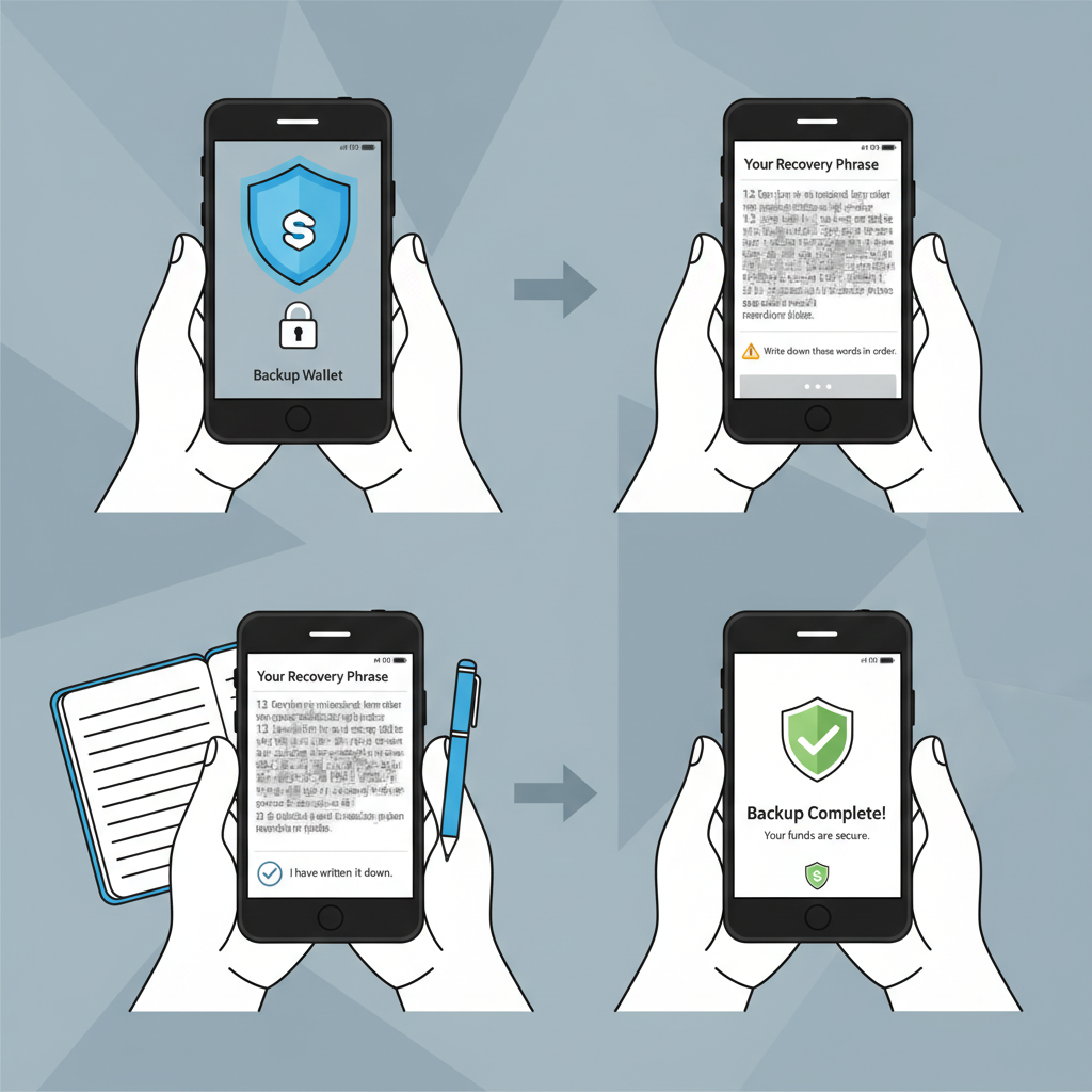 Secure wallet backup process on phone with mnemonic phrase blurred, Seeker phone render