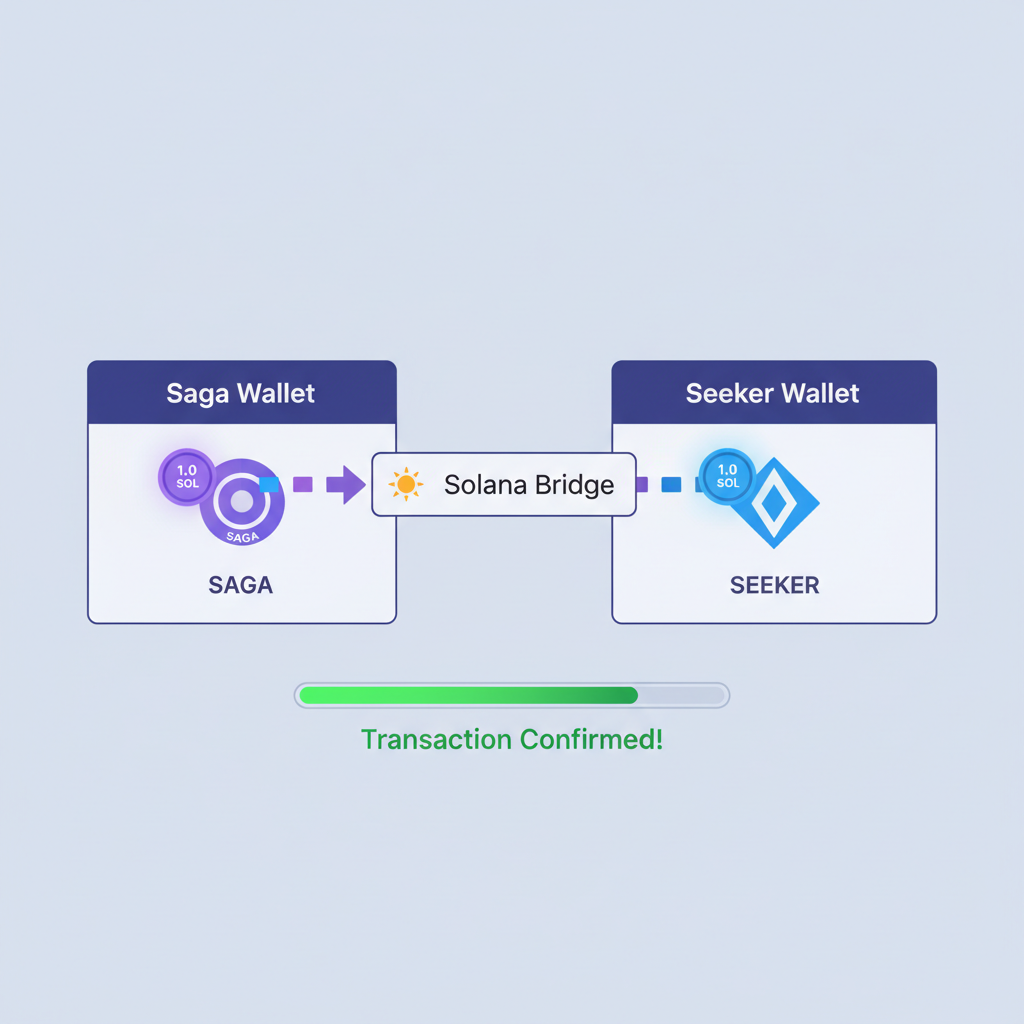 Asset transfer animation from Saga to Seeker wallet on Solana bridge interface