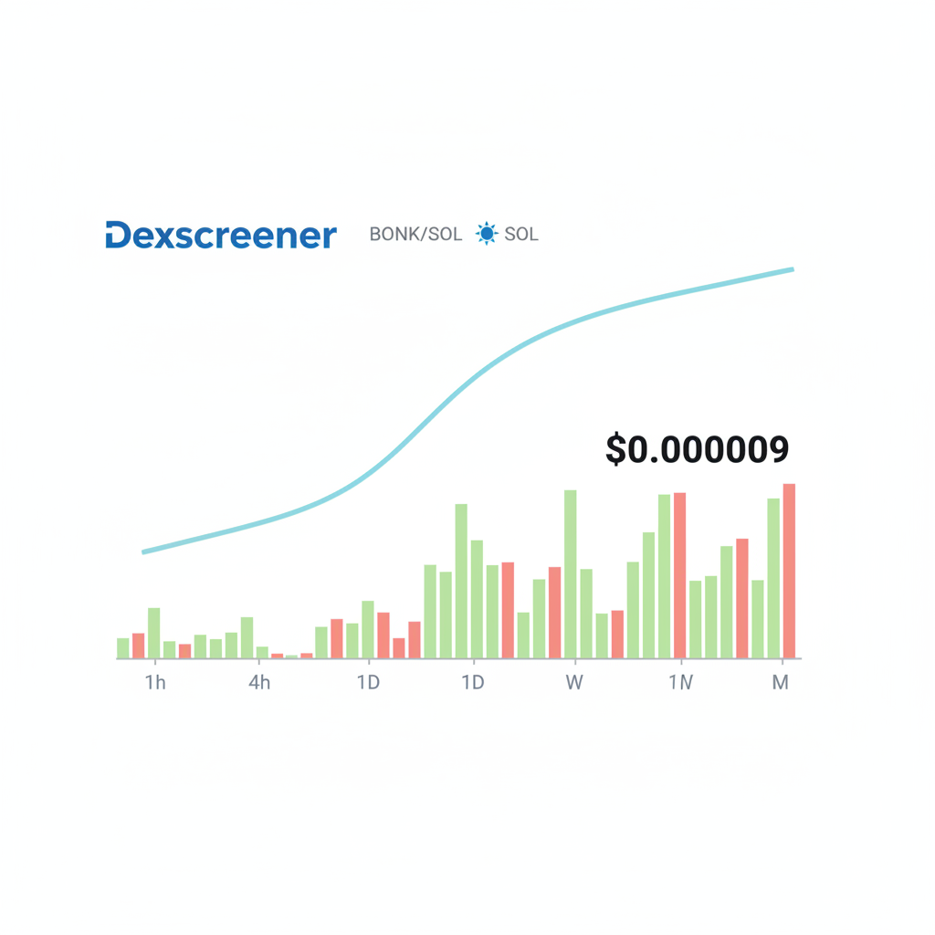 Dexscreener chart for BONK token on Solana with price $0.000009 and volume bars