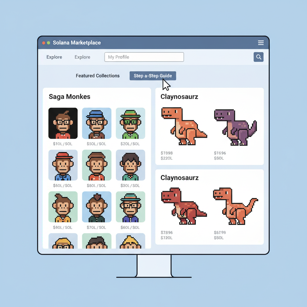 NFT gallery interface displaying Saga Monkes and Claynosaurz pixel art on Solana marketplace