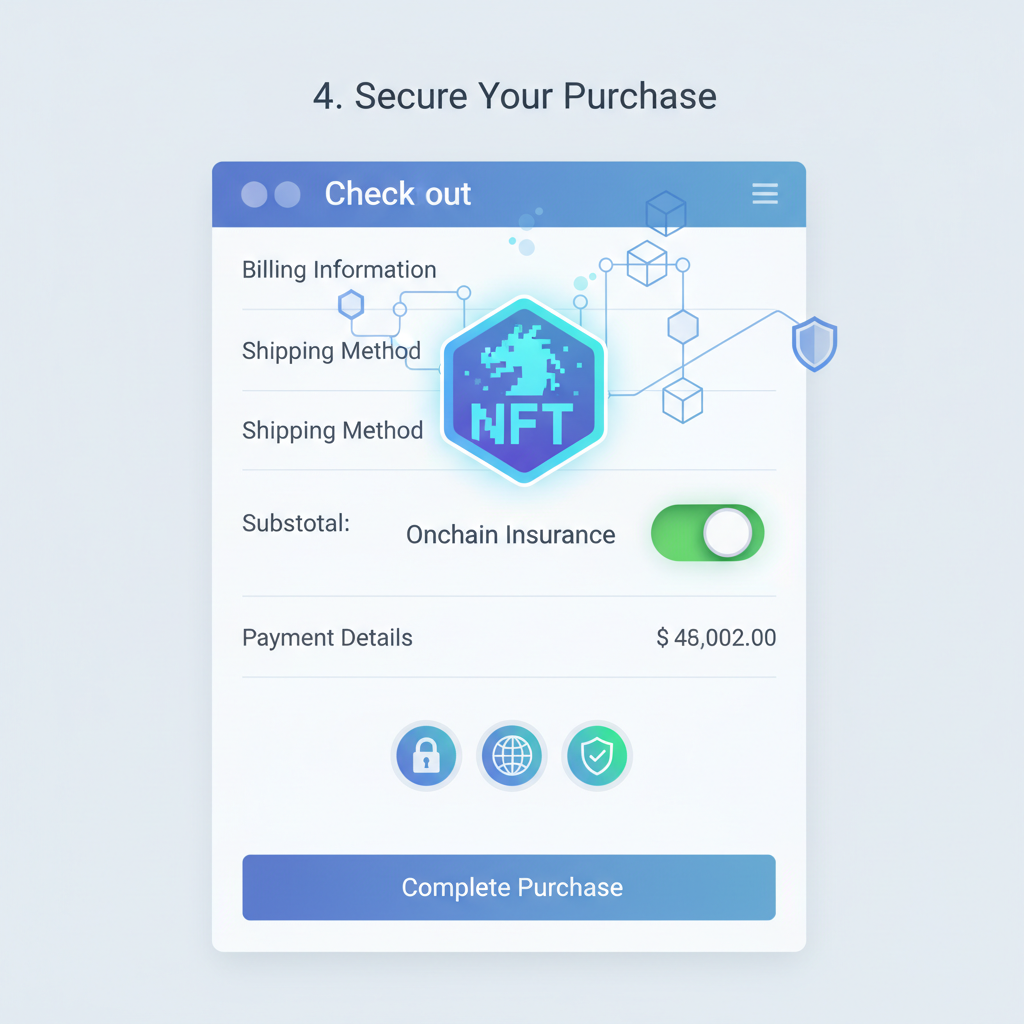 onchain insurance toggle in checkout, NFT badge glowing, blockchain security icons