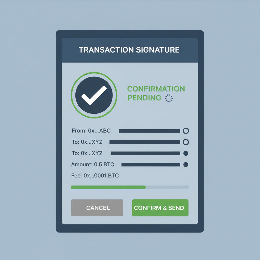 wallet transaction signature screen, blockchain confirmation pending, green checkmark