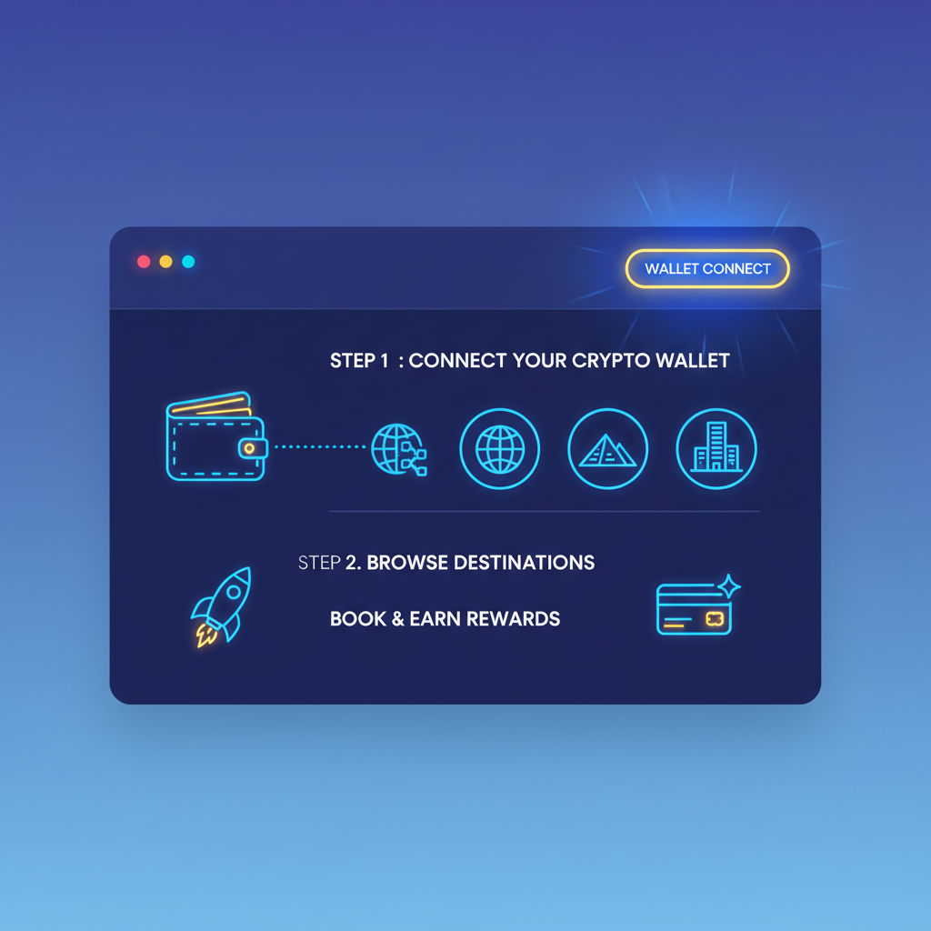 sleek web interface with wallet connect button glowing, futuristic blockchain travel site, vibrant blues and neon accents