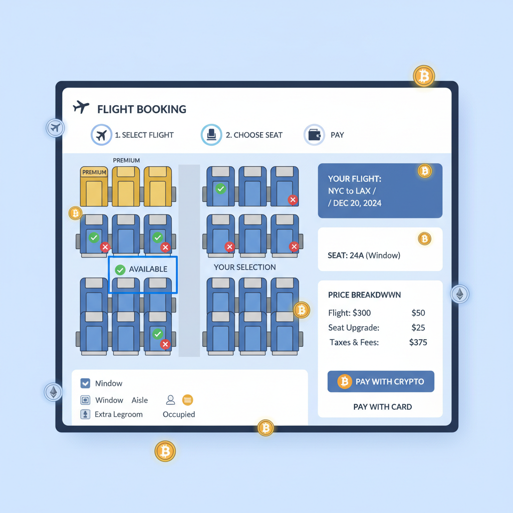 custom flight booking screen with seat map and options, digital interface with crypto elements