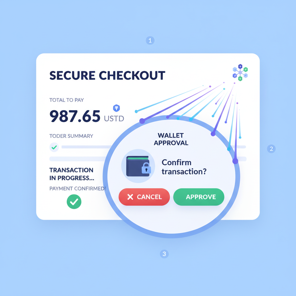 crypto checkout screen showing USDT total, wallet approval popup, fast transaction animation