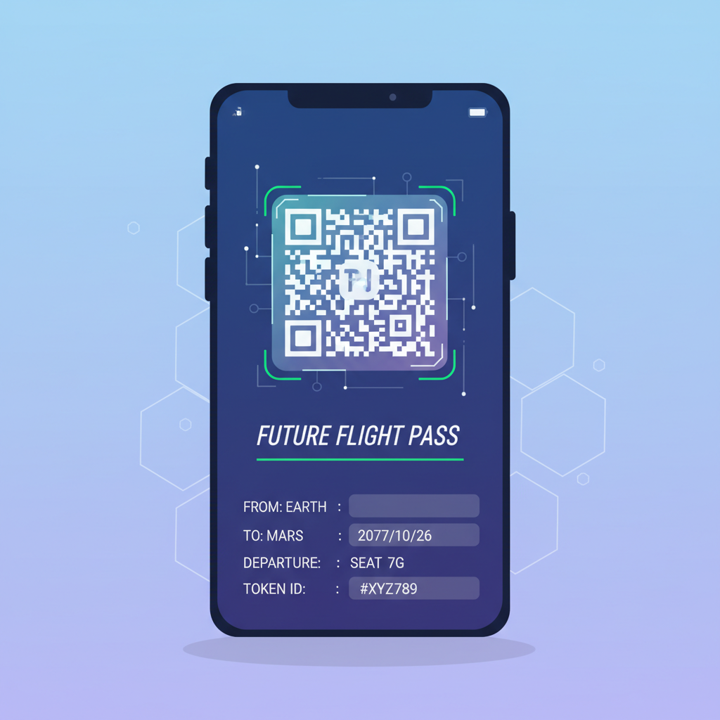 NFT flight ticket in digital wallet, holographic QR code, futuristic travel pass