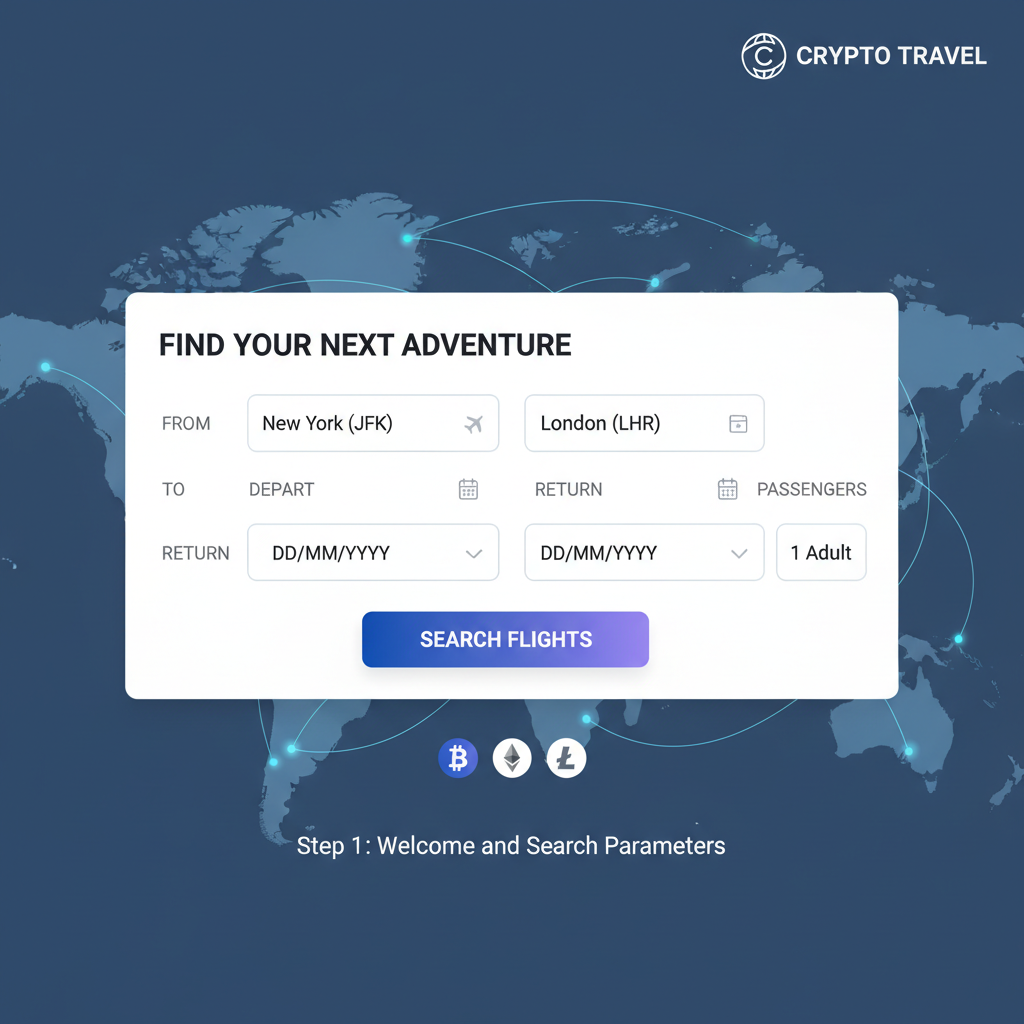 flight search interface on crypto travel site, world map with flight paths, modern UI dashboard
