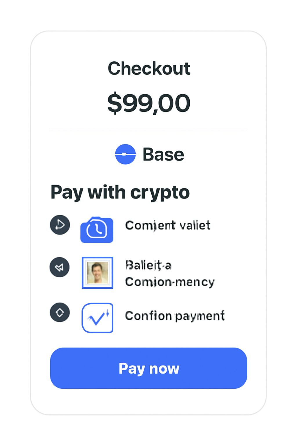 A digital checkout portal interface with crypto payment options, Base logo visible, clean and modern design