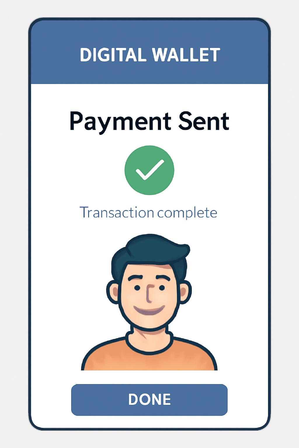 A digital wallet interface confirming a BASE payment, transaction complete message, user smiling