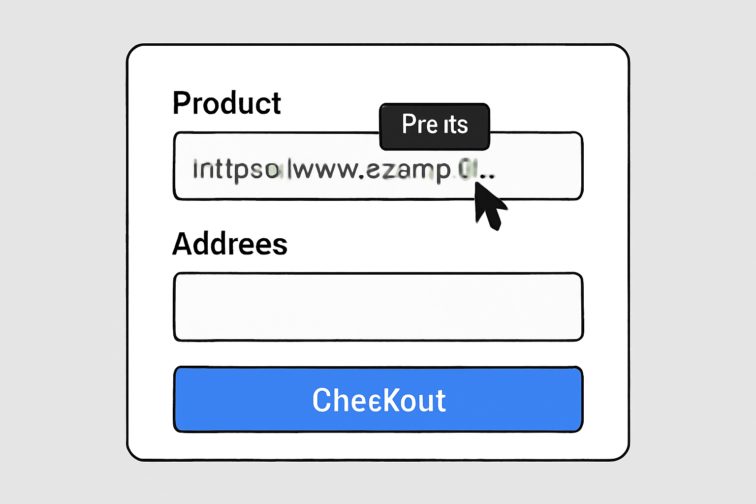 A user pasting a product link into a checkout form, fields for product and address visible, clear and simple UI