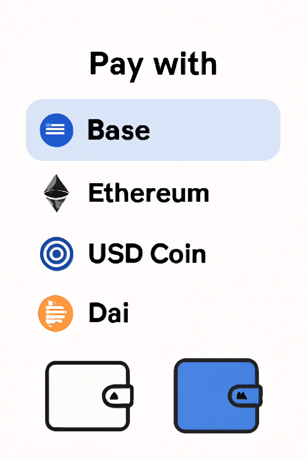 A payment selection screen showing different crypto options, Base chain highlighted, digital wallet icons