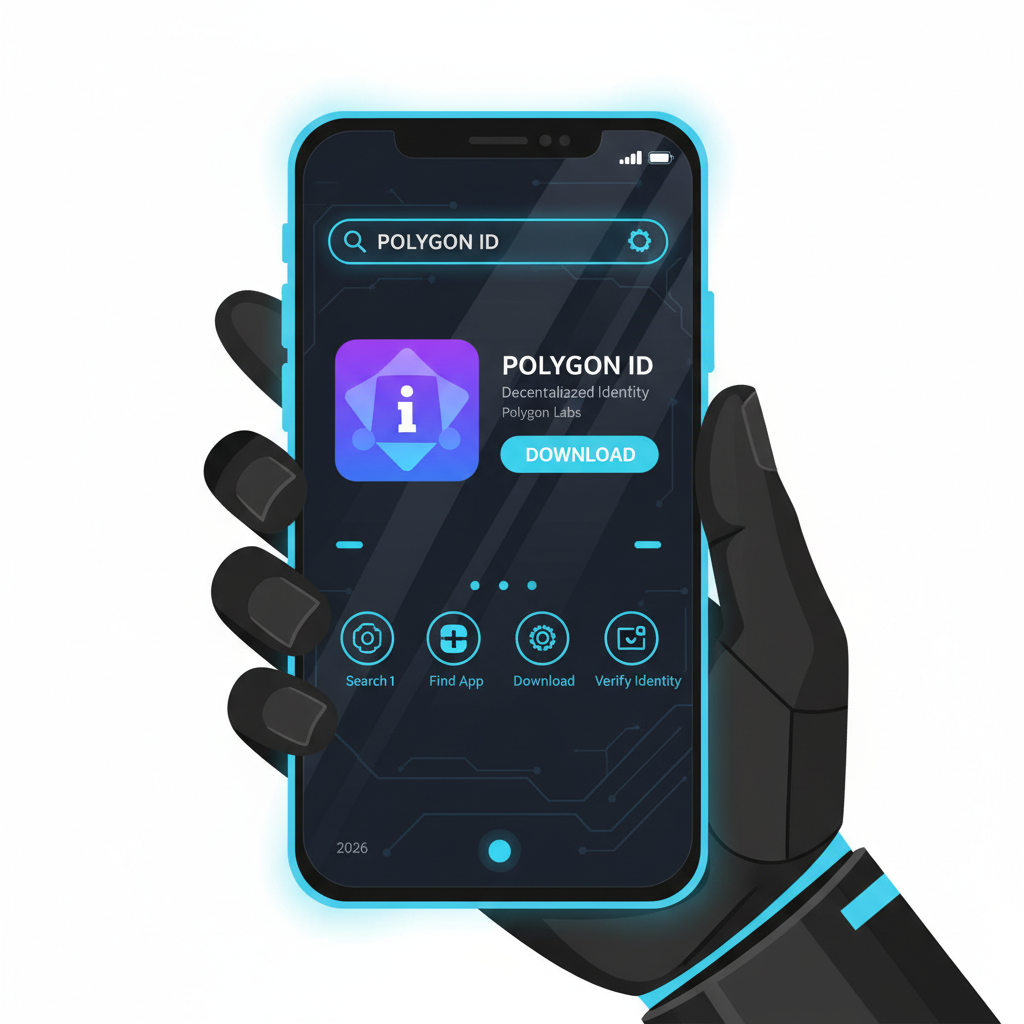 futuristic mobile phone screen displaying Polygon ID app download from app store, sleek blue UI, 2026 cyberpunk style, high detail