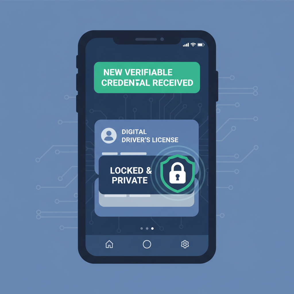 mobile wallet displaying newly received verifiable credential, locked icon with privacy shield, elegant card layout, high-tech 2026 style