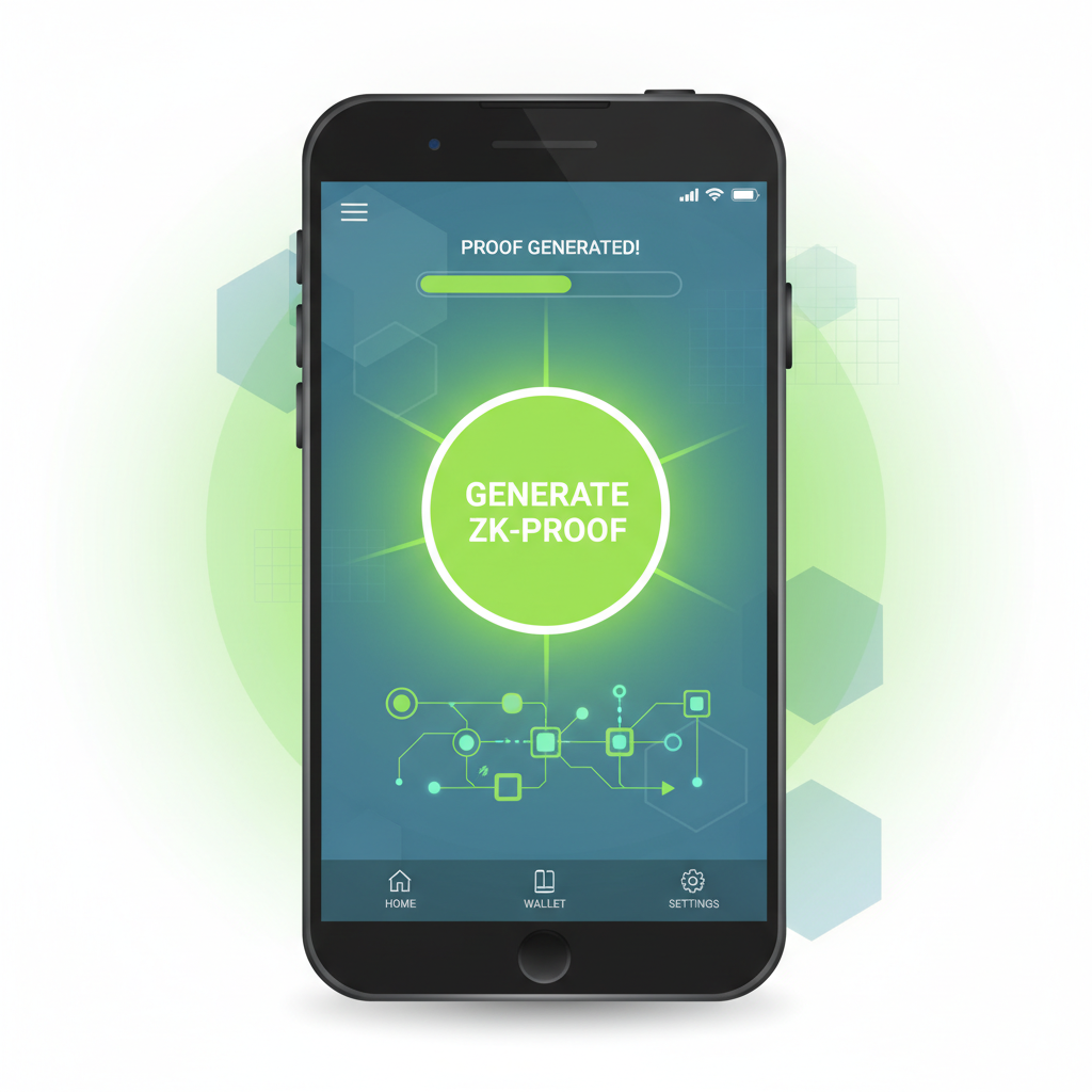 phone screen with one-tap zkSNARK proof generation button, animated proof circuit diagram, vibrant green success glow, futuristic UI