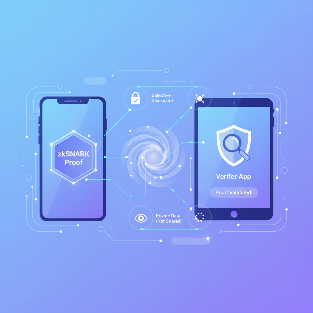 smartphone sharing zkSNARK proof to verifier app, selective disclosure visualization, seamless connection lines, cyber blue and purple hues