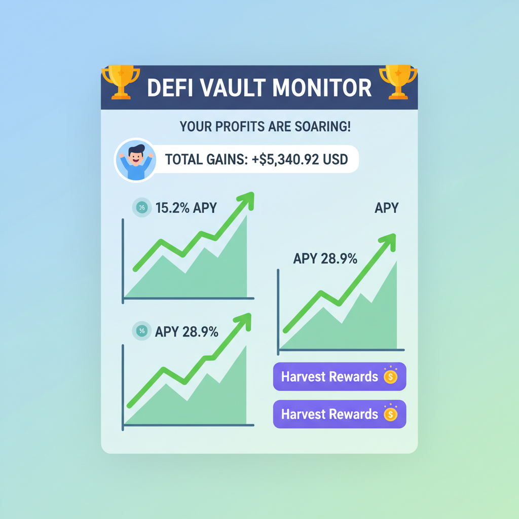 monitoring DeFi vault yields with rising graphs, harvesting reward buttons, triumphant user dashboard