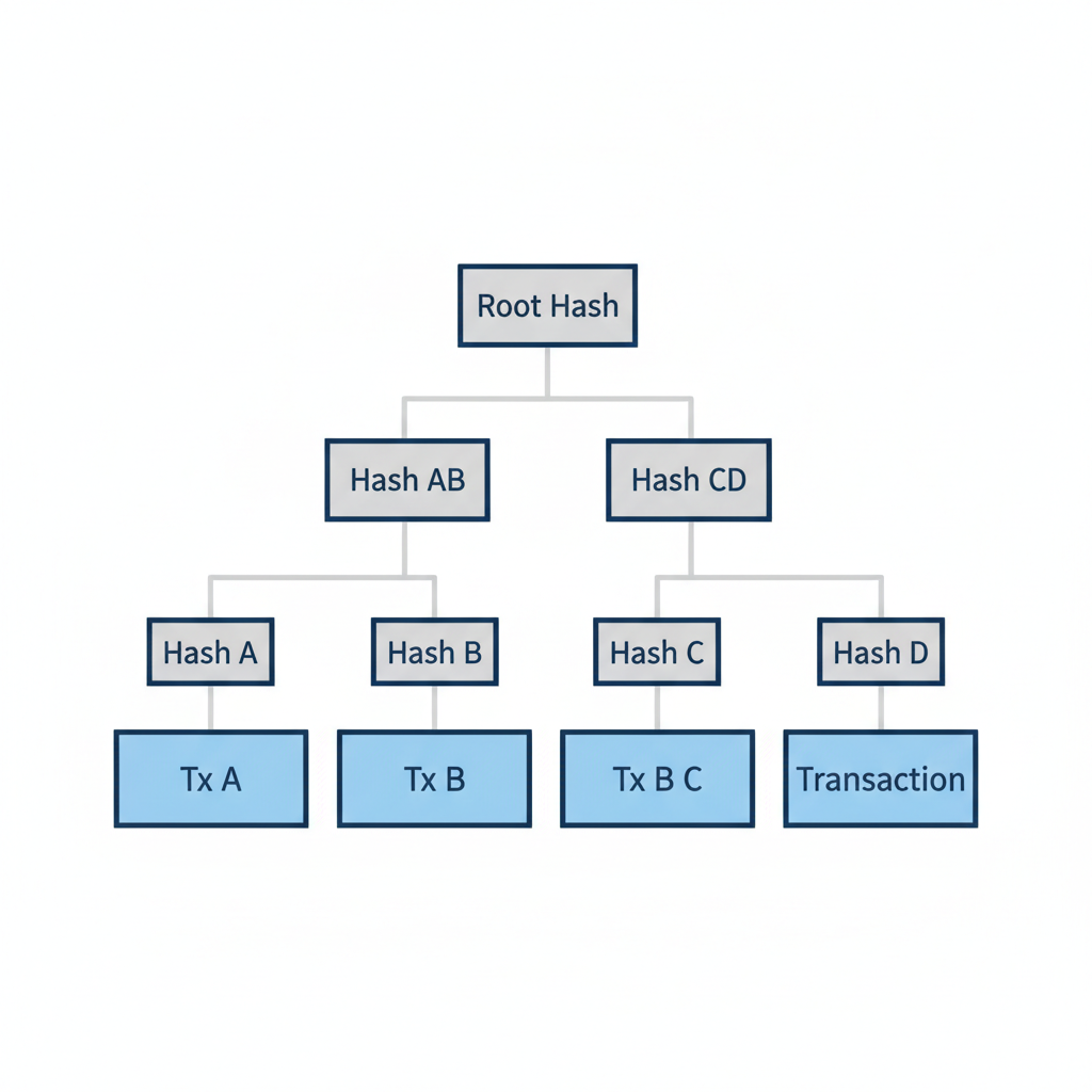 Merkle tree with transaction leaves and hashes, cryptographic diagram
