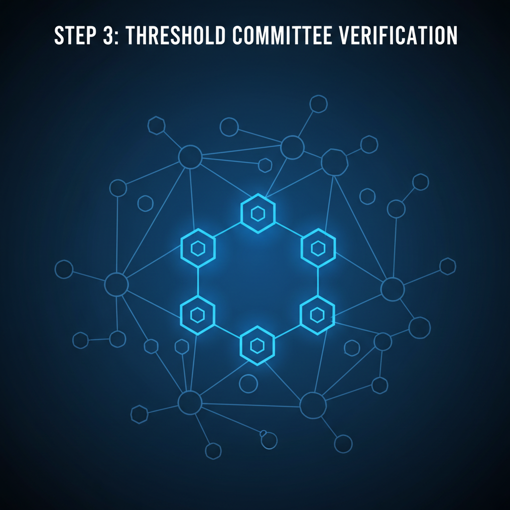 decentralized nodes in threshold committee, blockchain network graph, secure blue glow