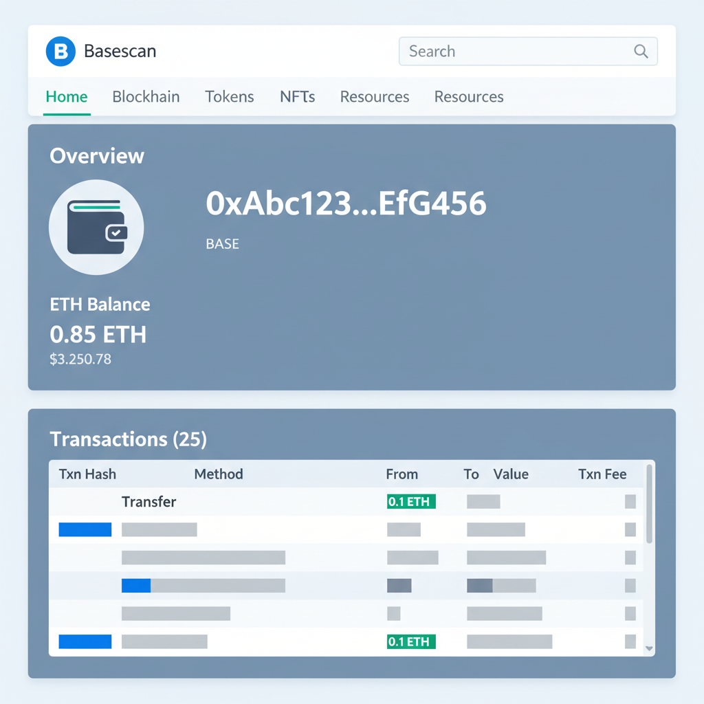 clean screenshot of Basescan explorer showing wallet balance and transactions on Base network