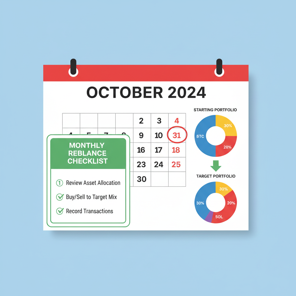 calendar with monthly rebalance checklist and crypto portfolio graphs
